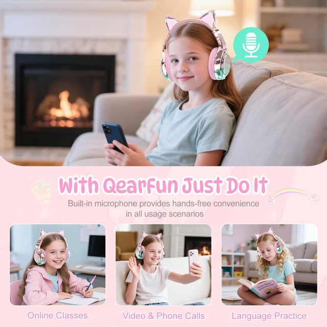 Alt view image 5 of 7 - Kids Cat Ear Bluetooth Headphones, 60H, 74/85/94dB Volume Limit For school with mic, fast charging, foldable design, wired mode, Wireless headphones for kids, girls boys, tablet, travel