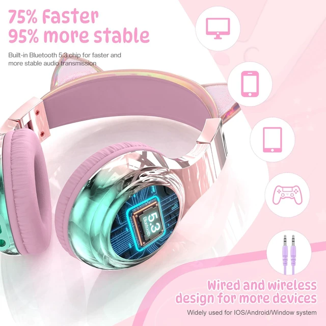 Alt view image 6 of 7 - Kids Cat Ear Bluetooth Headphones, 60H, 74/85/94dB Volume Limit For school with mic, fast charging, foldable design, wired mode, Wireless headphones for kids, girls boys, tablet, travel