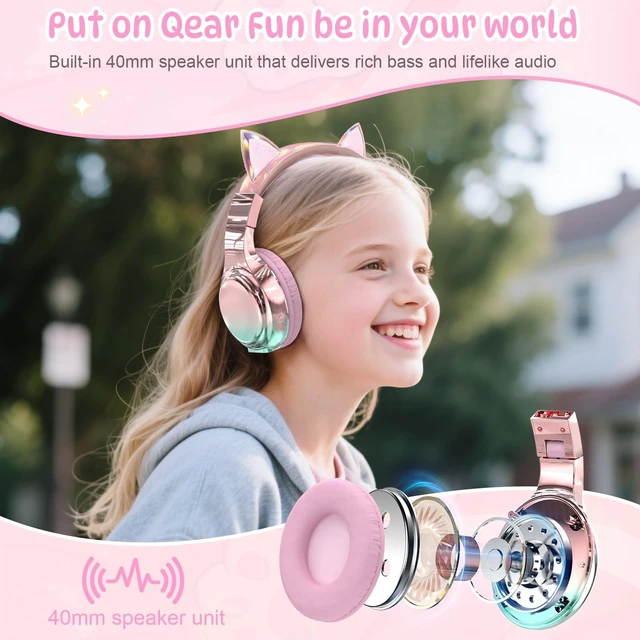 Alt view image 7 of 7 - Kids Cat Ear Bluetooth Headphones, 60H, 74/85/94dB Volume Limit For school with mic, fast charging, foldable design, wired mode, Wireless headphones for kids, girls boys, tablet, travel