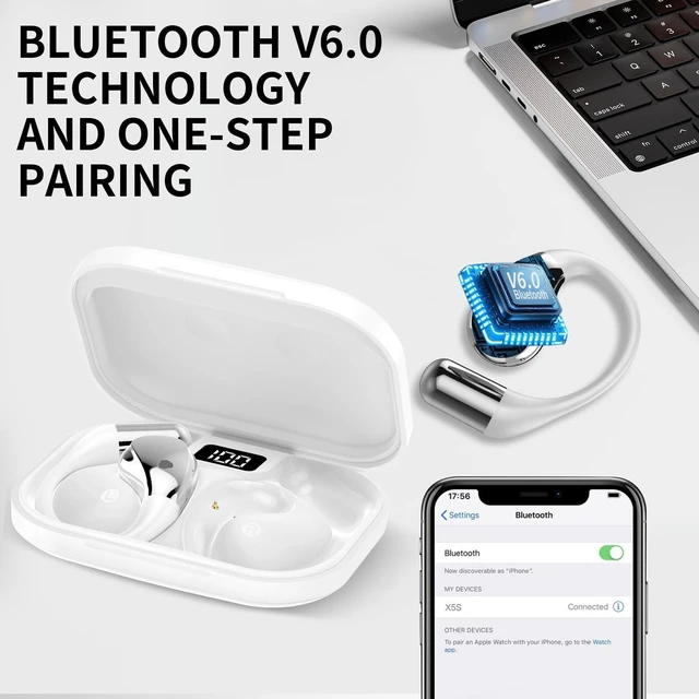 Alt view image 6 of 7 - Open-Ear Headphones, Bluetooth 6.0 Wireless Earbuds Powerful Sound, 40H Open Ear Earbuds with ENC Mic, Comfortable Ear Hooks/IP7 Waterproof/Fast Charging Earphones for Workouts/Running, White