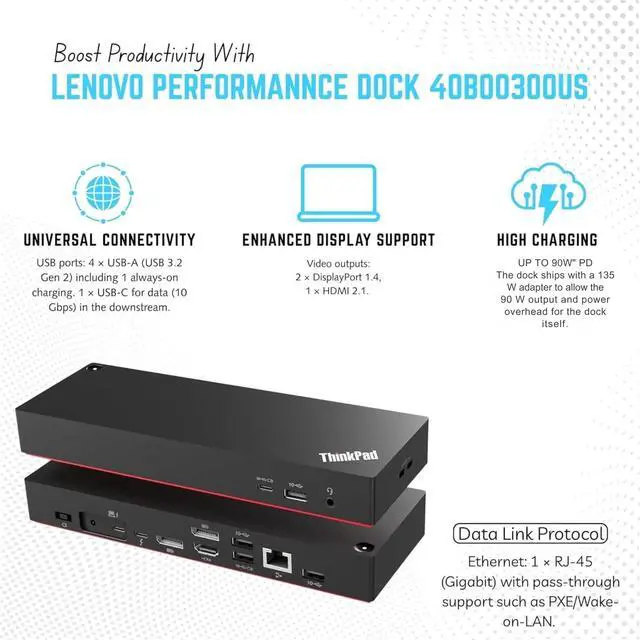 Alt view image 3 of 7 - 40B00135US Lenovo Docking Station - Thunderbolt 4 Dock - Thinkpad Dock | 135W Power Delivery, HDMI & DisplayPort for Dual Monitors, USB-C Connectivity, Enhanced Productivity