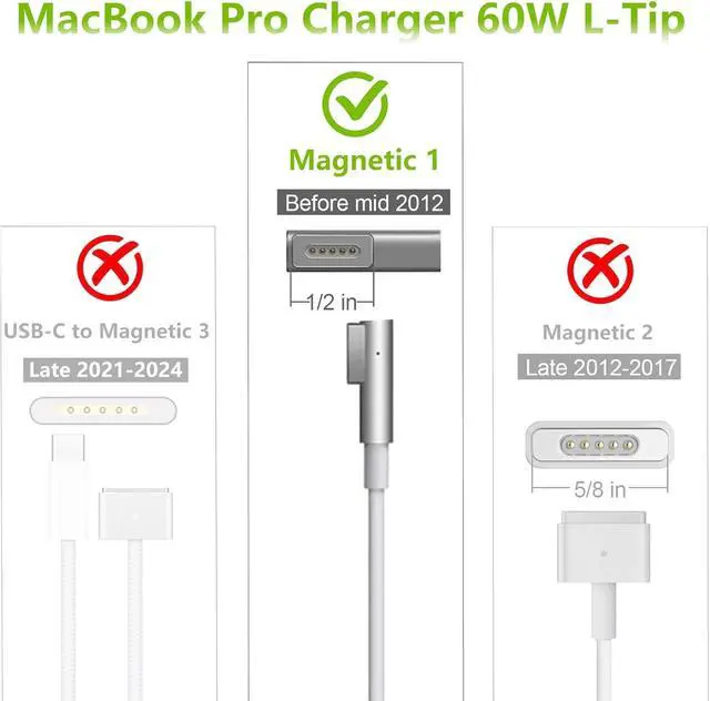 Alt view image 3 of 7 - Mac Book Pro Charger 60W L-Tip Mag 1 Power Adapter for 13" Before Mid 2012 | Mag-netic 1 Charger Laptop Charger Compatible with old Ma Book Pro A1278, A1181, A1342, A1370, A1369