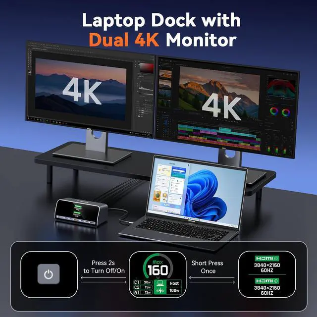 Alt view image 3 of 7 - Docking Station Dual 4K Monitor for Windows, 160W GaN+ LCD Display | Laptop Dock with HDMI, PD 3.0, 10Gbps USB A/C, Real-time LCD Screen, 160W Smart Power Distribution, Compact for Office/Gaming