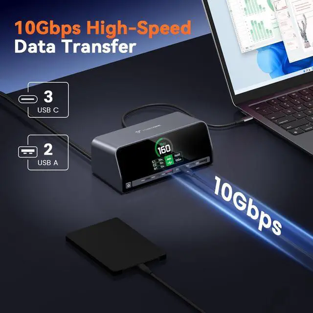 Alt view image 5 of 7 - Docking Station Dual 4K Monitor for Windows, 160W GaN+ LCD Display | Laptop Dock with HDMI, PD 3.0, 10Gbps USB A/C, Real-time LCD Screen, 160W Smart Power Distribution, Compact for Office/Gaming