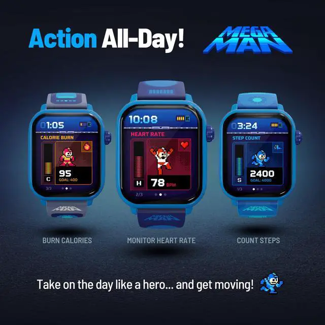 Alt view image 4 of 7 - Mega Man Retro Gaming Smartwatch, Built from Mega Man 2 | Classic & Arcade Modes, No Wi-Fi or Bluetooth, Heart and Calories Tracking, Digital Watch, All Day Fitness, Includes 2 Bands