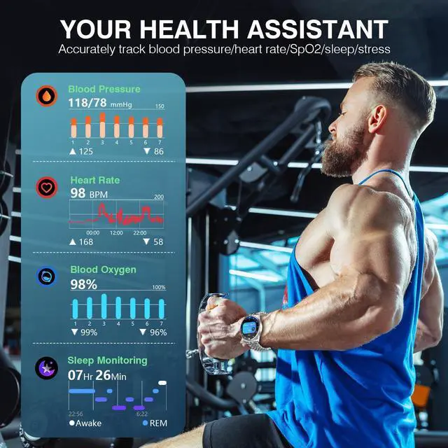 Alt view image 3 of 7 - GPT Smart Watch for Men, Answer/Make Call, Fitness Tracker, IP67, 44mm | 1.19" AMOLED Display, 24/7 Heart Rate/Blood Oxygen/Blood Pressure/Sleep Monitor, 107 Sports Modes, Compatible Android iPhone