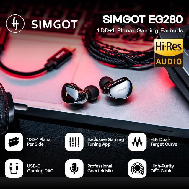 Alt view image 2 of 7 - SIMGOT EG280 in Ear Monitor, 1DD+1 Planar HiFi IEM, Wired Gaming Earphone with Microphone, 1.7m Long Detachable 2Pin OFC Cable, with USB-C Adapter, for FPS Games and Audiophile Musician