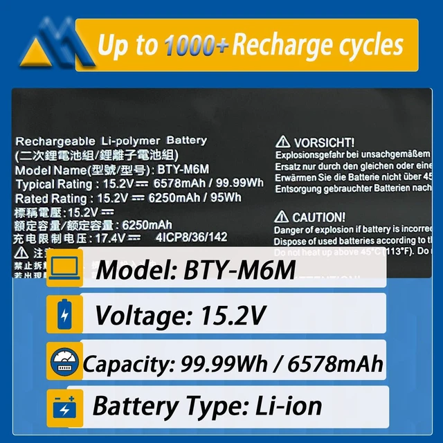 Alt view image 2 of 7 - BTY-M6M 99.99Wh Laptop Battery Replacement for MSI GS66 Stealth 10SE 10SF 11UE 11UH GE66 Raider 10UG 11UG GE76 for Raider 11UE 11UG GE76 for Dragon Tiamat 11UH WS66 10TM 11UMT 11UKT for Creator 15