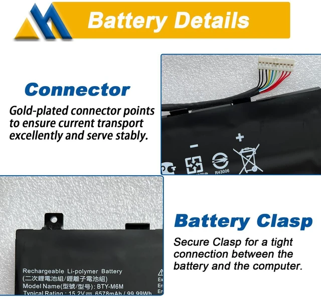 Alt view image 4 of 7 - BTY-M6M 99.99Wh Laptop Battery Replacement for MSI GS66 Stealth 10SE 10SF 11UE 11UH GE66 Raider 10UG 11UG GE76 for Raider 11UE 11UG GE76 for Dragon Tiamat 11UH WS66 10TM 11UMT 11UKT for Creator 15