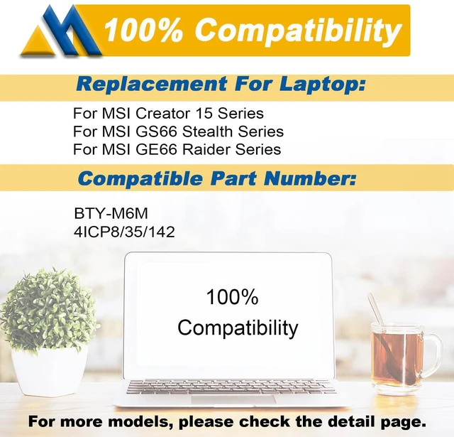 Alt view image 5 of 7 - BTY-M6M 99.99Wh Laptop Battery Replacement for MSI GS66 Stealth 10SE 10SF 11UE 11UH GE66 Raider 10UG 11UG GE76 for Raider 11UE 11UG GE76 for Dragon Tiamat 11UH WS66 10TM 11UMT 11UKT for Creator 15