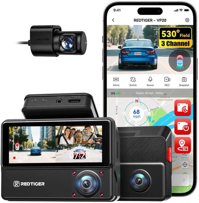 Main image of VP20 530° View 3 Channel Dash Cam, 2.5K+2.5K+1080P, Touch Screen | 1440P HD Car Camera, 4 IR Night Vision, Built-in GPS, WiFi APP Control, Loop & Lock Video Surveillance, 24H Parking Mode
