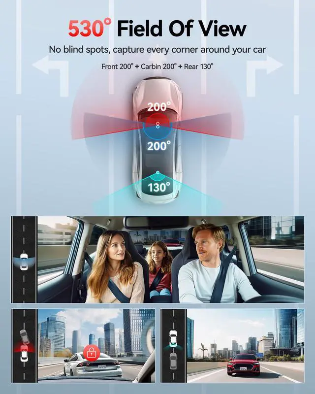 Alt view image 2 of 7 - VP20 530° View 3 Channel Dash Cam, 2.5K+2.5K+1080P, Touch Screen | 1440P HD Car Camera, 4 IR Night Vision, Built-in GPS, WiFi APP Control, Loop & Lock Video Surveillance, 24H Parking Mode