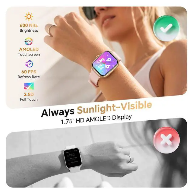 Alt view image 3 of 7 - Smart Watch for Women, 1.75" AMOLED Display Fitness Watch for iOS/Android | 40mm 3 Bands, 10-Day Battery, Bluetooth Call & Answer, 110+ Sport Modes, 7/24 Health & Sleep Tracker, 3ATM Waterproof
