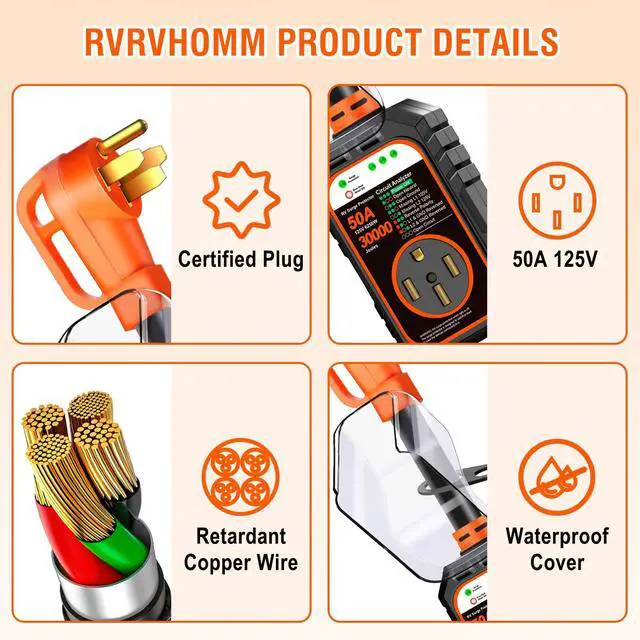 Alt view image 3 of 7 - 30000J 50Amp RV Surge Protector 50 Amp Flag Design - Upgraded Power Surges Voltage Protection Circuit Analyzer IP68 Waterproof Cover for 50A RVS Camper Trailer Must Haves (50Amp, Orange)