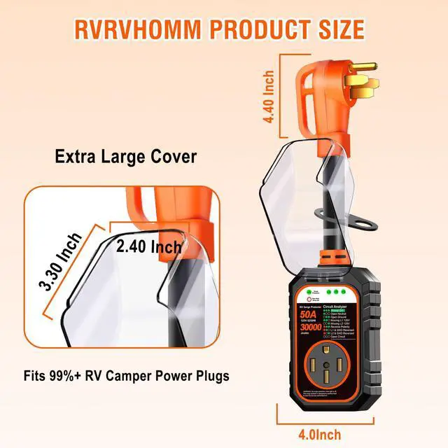 Alt view image 4 of 7 - 30000J 50Amp RV Surge Protector 50 Amp Flag Design - Upgraded Power Surges Voltage Protection Circuit Analyzer IP68 Waterproof Cover for 50A RVS Camper Trailer Must Haves (50Amp, Orange)