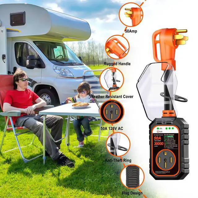 Alt view image 6 of 7 - 30000J 50Amp RV Surge Protector 50 Amp Flag Design - Upgraded Power Surges Voltage Protection Circuit Analyzer IP68 Waterproof Cover for 50A RVS Camper Trailer Must Haves (50Amp, Orange)