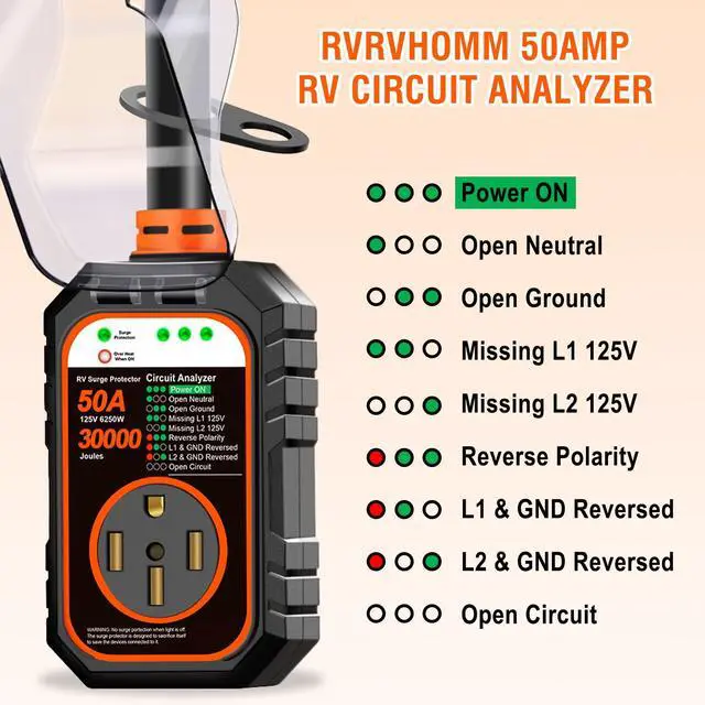 Alt view image 7 of 7 - 30000J 50Amp RV Surge Protector 50 Amp Flag Design - Upgraded Power Surges Voltage Protection Circuit Analyzer IP68 Waterproof Cover for 50A RVS Camper Trailer Must Haves (50Amp, Orange)
