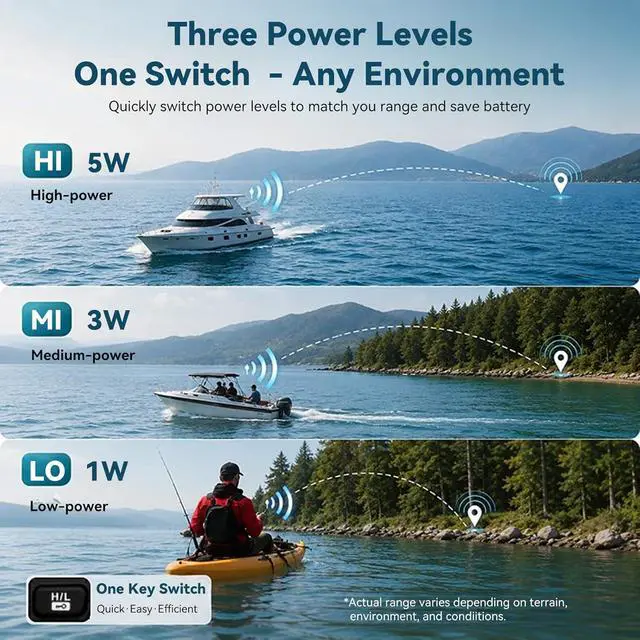 Alt view image 4 of 7 - RM21 5W VHF Radio Marine IP67 Floating, Noise Cut for Yacht(1 Pack) | 1-Press AI Noise Reduction, 1800mAh Battery, Submersible, Global Channels, NOAA Weather Alert, Coastal Fishing, Travel Sport