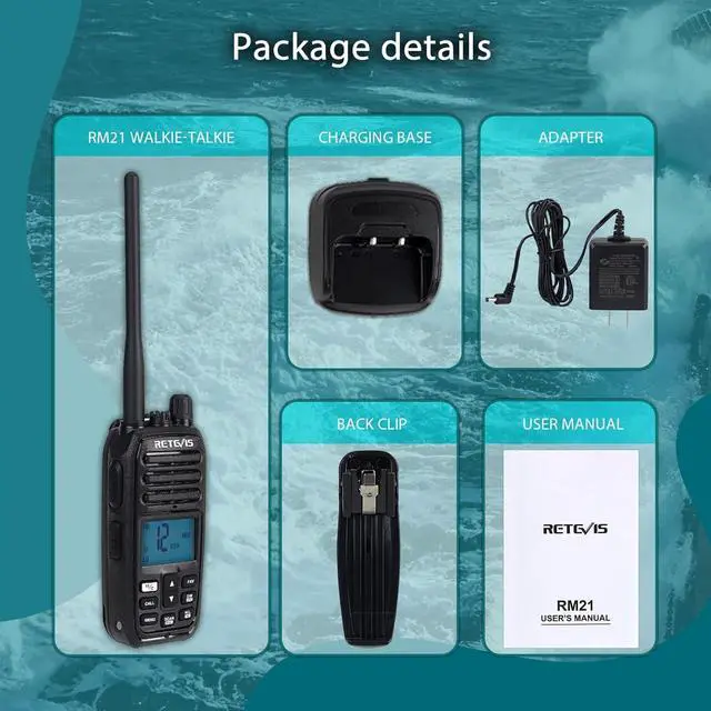 Alt view image 7 of 7 - RM21 5W VHF Radio Marine IP67 Floating, Noise Cut for Yacht(1 Pack) | 1-Press AI Noise Reduction, 1800mAh Battery, Submersible, Global Channels, NOAA Weather Alert, Coastal Fishing, Travel Sport