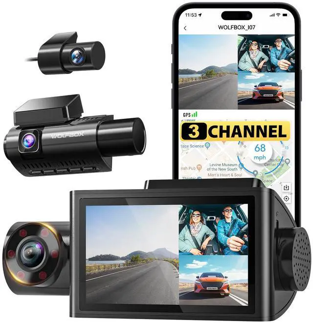 Main image of i07 3 Channel Dash Cam Built-in WiFi GPS, 4K Dash Camera Front and Inside, 1440P+1080P+1080P Triple Car Camera with 3" LCD Screen,IR Night Vision, 24H Parking Mode(Card Not Included)