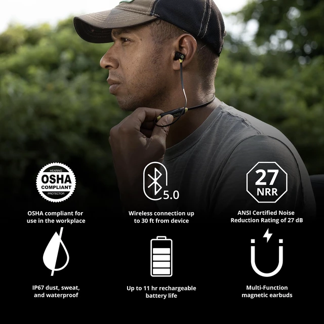 Alt view image 4 of 7 - Xtra 2.0 Bluetooth Hearing Protection, OSHA Compliant Work Earbuds 27 dB NRR, 85 dB volume limit, 11-hour battery, noise-cancelling mic, sound-isolating earplug design