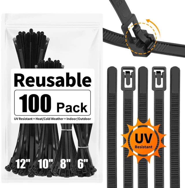 Main image of 100 Pack Reusable Zip Ties Assorted Sizes 6 8 10 12 Inch Black Cable Ties Reusable Trigger Release / Heavy Duty Nylon / UV Weatherproof / Non-Slip Self-Locking / Smooth Round Ending No Hurt