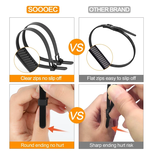 Alt view image 3 of 6 - 200 Pack Reusable Zip Ties Assorted Sizes 6 8 10 12 Inch Black Cable Ties Reusable Trigger Release / Heavy Duty Nylon / UV Weatherproof / Non-Slip Self-Locking / Smooth Round Ending No Hurt
