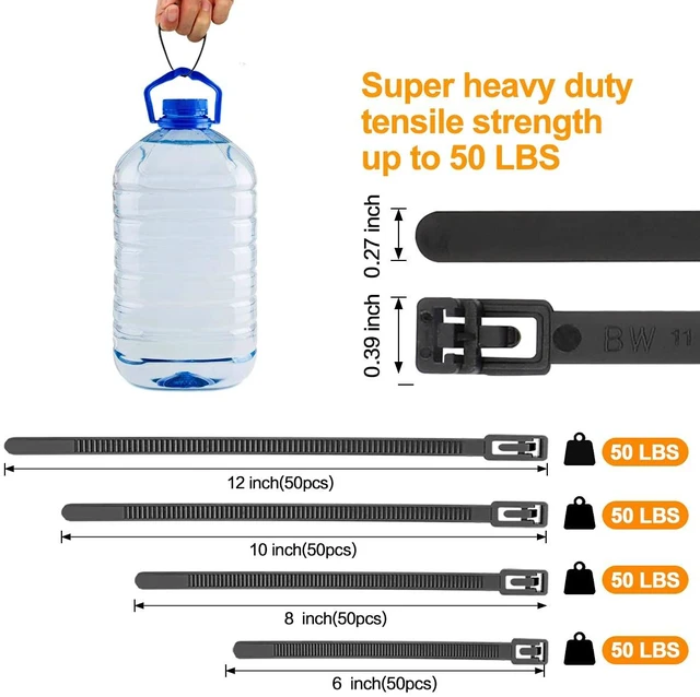 Alt view image 2 of 6 - 200 Pack Reusable Zip Ties Assorted Sizes 6 8 10 12 Inch Black Cable Ties Reusable Trigger Release / Heavy Duty Nylon / UV Weatherproof / Non-Slip Self-Locking / Smooth Round Ending No Hurt