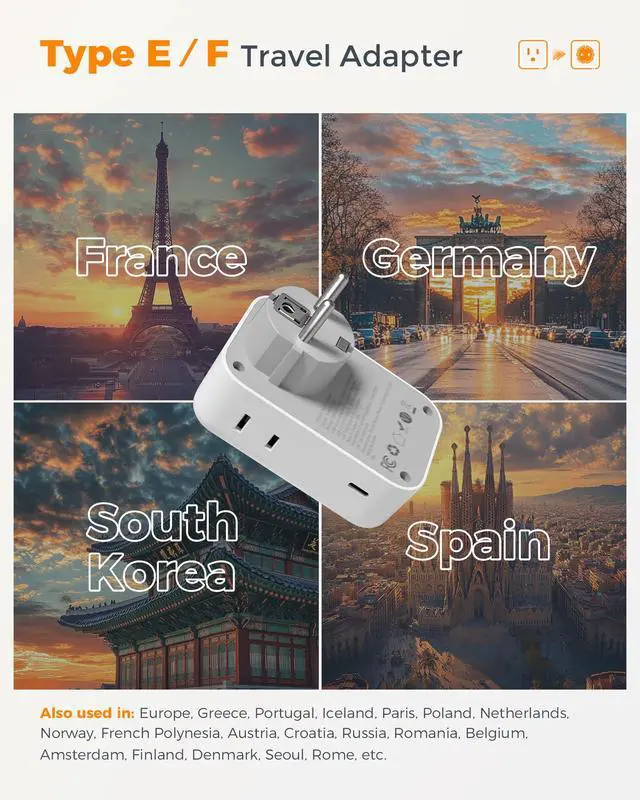 Alt view image 2 of 7 - Type F Plug Adapter 2 Pack, 28W Germany France Travel | 4 Outlets 5 USB Ports (3 USB-C), Type E Power Adaptor, US to Europe Spain Iceland Greece South Korea Russia Norway