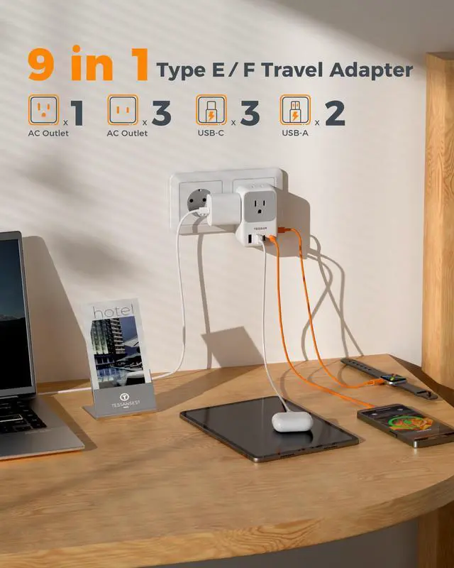 Alt view image 3 of 7 - Type F Plug Adapter 2 Pack, 28W Germany France Travel | 4 Outlets 5 USB Ports (3 USB-C), Type E Power Adaptor, US to Europe Spain Iceland Greece South Korea Russia Norway