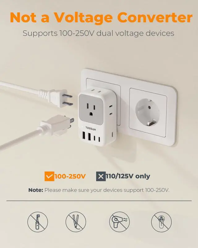 Alt view image 5 of 7 - Type F Plug Adapter 2 Pack, 28W Germany France Travel | 4 Outlets 5 USB Ports (3 USB-C), Type E Power Adaptor, US to Europe Spain Iceland Greece South Korea Russia Norway