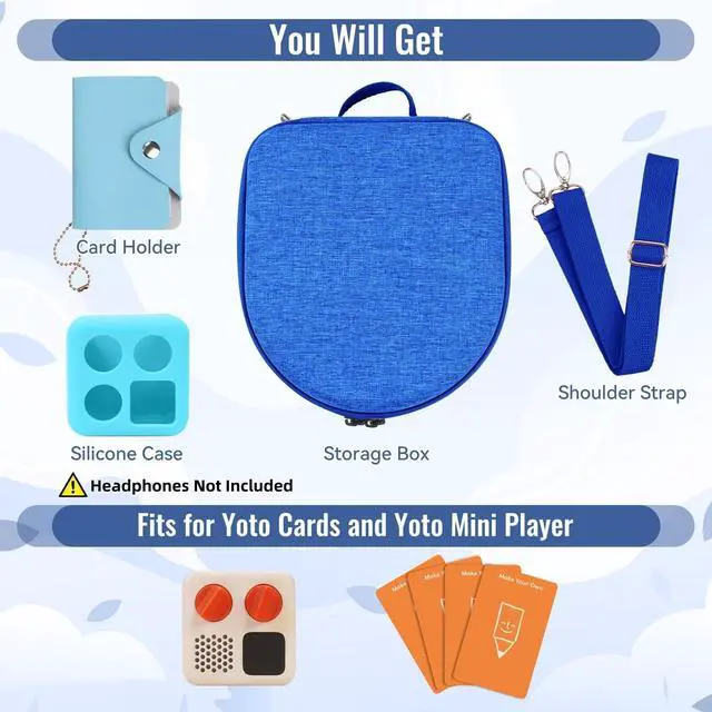 Alt view image 2 of 7 - Hard Case Compatible with Yoto Mini (2024 Edition), 3-in-1 Travel Bundle: Silicone Cover + Case with Shoulder Strap (Fits Mini Player & Headphones) + Up to 10 Card Holder for YOTO Cards (Blue)