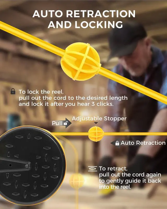 Alt view image 4 of 7 - 30 Ft Retractable Extension Cord Reel, 16/3 Gauge SJTW Power Cord with 3 Electrical Outlets Pigtail for Garage and Shop, 10 Amp Circuit Breaker, Metal Plate, UL Listed, Yellow Y30CR06