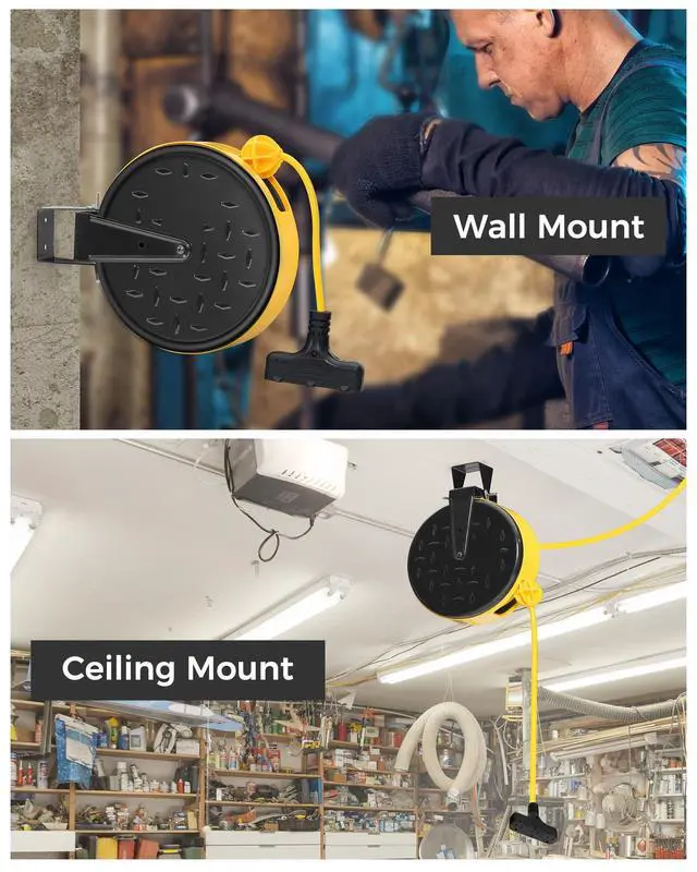 Alt view image 2 of 7 - 30 Ft Retractable Extension Cord Reel, 16/3 Gauge SJTW Power Cord with 3 Electrical Outlets Pigtail for Garage and Shop, 10 Amp Circuit Breaker, Metal Plate, UL Listed, Yellow Y30CR06