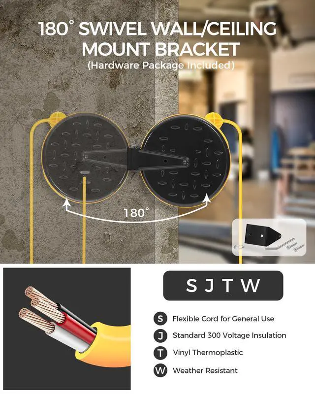 Alt view image 3 of 7 - 30 Ft Retractable Extension Cord Reel, 16/3 Gauge SJTW Power Cord with 3 Electrical Outlets Pigtail for Garage and Shop, 10 Amp Circuit Breaker, Metal Plate, UL Listed, Yellow Y30CR06