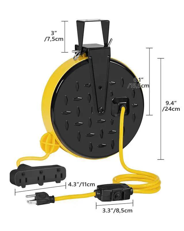 Alt view image 6 of 7 - 30 Ft Retractable Extension Cord Reel, 16/3 Gauge SJTW Power Cord with 3 Electrical Outlets Pigtail for Garage and Shop, 10 Amp Circuit Breaker, Metal Plate, UL Listed, Yellow Y30CR06