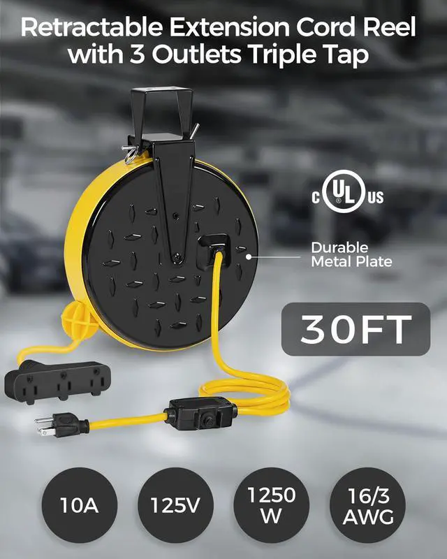 Alt view image 7 of 7 - 30 Ft Retractable Extension Cord Reel, 16/3 Gauge SJTW Power Cord with 3 Electrical Outlets Pigtail for Garage and Shop, 10 Amp Circuit Breaker, Metal Plate, UL Listed, Yellow Y30CR06