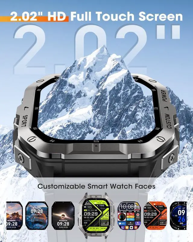 Alt view image 2 of 7 - Military Smart Watches for Men,2.02''Smartwatch Fitness Tracker Built-inGPS | Built-in GPS with Sleep Monitor/Heart Rate/100+ Sport Modes/Waterproof/Answer/Make Calls/Compatible for Android and iPhone