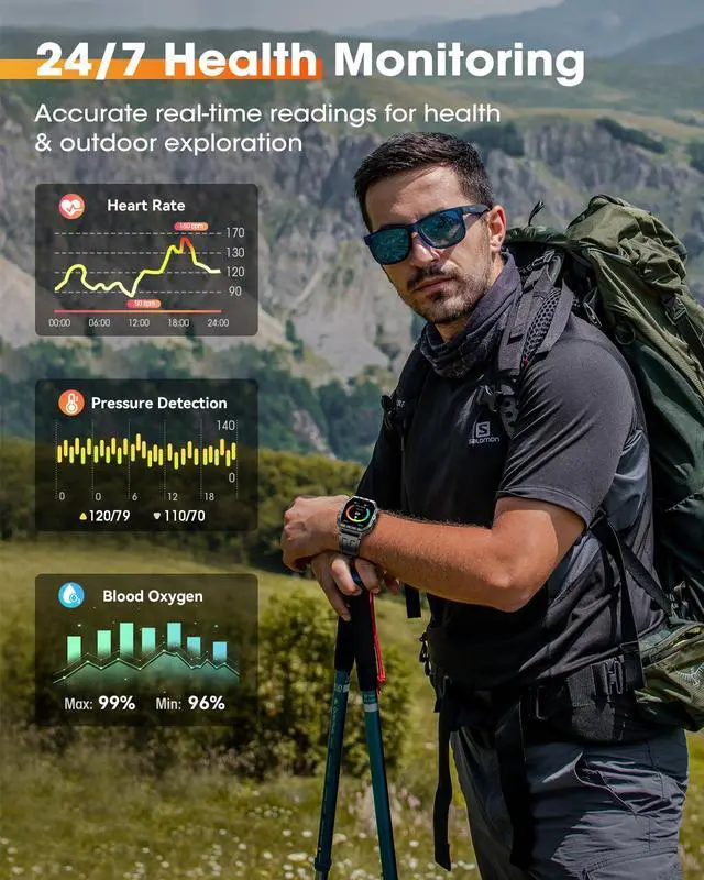 Alt view image 4 of 7 - Military Smart Watches for Men,2.02''Smartwatch Fitness Tracker Built-inGPS | Built-in GPS with Sleep Monitor/Heart Rate/100+ Sport Modes/Waterproof/Answer/Make Calls/Compatible for Android and iPhone