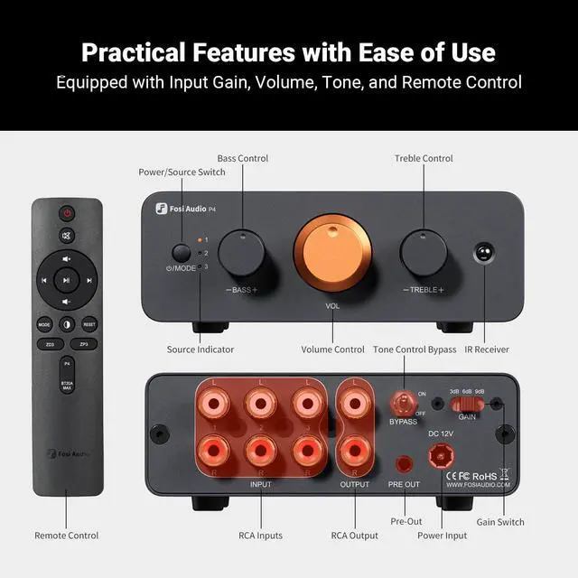 Alt view image 3 of 7 - P4 Mini Preamp with 3 RCA Inputs, Home Audio Stereo Pre amp for Amplifier/Active Subwoofer/Speakers, Preamplifier with 3-Level Adjustable Gain 3/6/9 dB, Bass and Treble Control