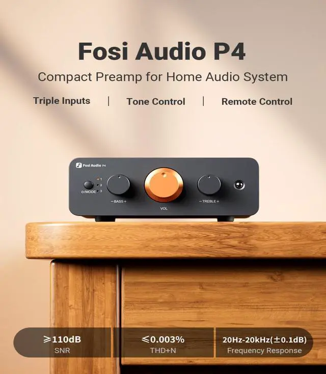 Alt view image 2 of 7 - P4 Mini Preamp with 3 RCA Inputs, Home Audio Stereo Pre amp for Amplifier/Active Subwoofer/Speakers, Preamplifier with 3-Level Adjustable Gain 3/6/9 dB, Bass and Treble Control