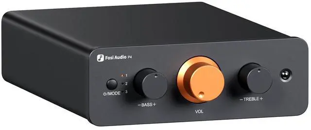 Main image of P4 Mini Preamp with 3 RCA Inputs, Home Audio Stereo Pre amp for Amplifier/Active Subwoofer/Speakers, Preamplifier with 3-Level Adjustable Gain 3/6/9 dB, Bass and Treble Control