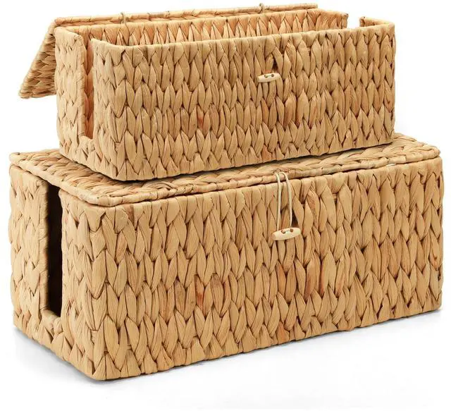 Main image of Cable Management Box with Lid, 2Pack Handwoven Real Water Hyacinth Cord Hider Organizer Boxes, 2 Side Open Slots Storage Box to Hide Cords Power Strip for Desk, Floor, Office