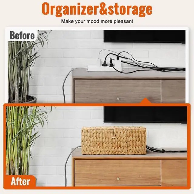 Alt view image 2 of 7 - Cable Management Box with Lid, 2Pack Handwoven Real Water Hyacinth Cord Hider Organizer Boxes, 2 Side Open Slots Storage Box to Hide Cords Power Strip for Desk, Floor, Office