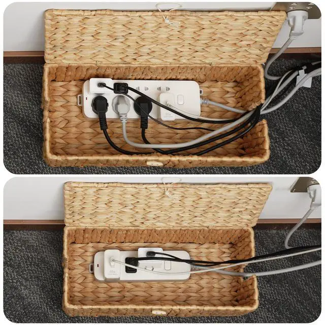 Alt view image 3 of 7 - Cable Management Box with Lid, 2Pack Handwoven Real Water Hyacinth Cord Hider Organizer Boxes, 2 Side Open Slots Storage Box to Hide Cords Power Strip for Desk, Floor, Office