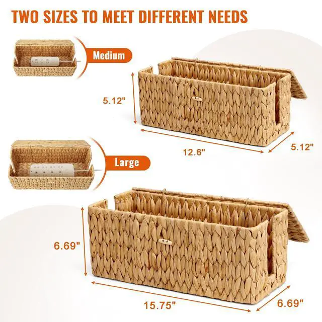 Alt view image 5 of 7 - Cable Management Box with Lid, 2Pack Handwoven Real Water Hyacinth Cord Hider Organizer Boxes, 2 Side Open Slots Storage Box to Hide Cords Power Strip for Desk, Floor, Office