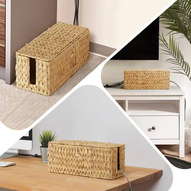 Alt view image 6 of 7 - Cable Management Box with Lid, 2Pack Handwoven Real Water Hyacinth Cord Hider Organizer Boxes, 2 Side Open Slots Storage Box to Hide Cords Power Strip for Desk, Floor, Office
