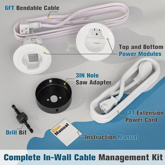 Alt view image 4 of 7 - in Wall Cable Management Kit, Power & Low Voltage Wire Organizer with Hole Saw Drill for Easy TV Wall Mounting, TV Cord Hider for Wall & Clean Look