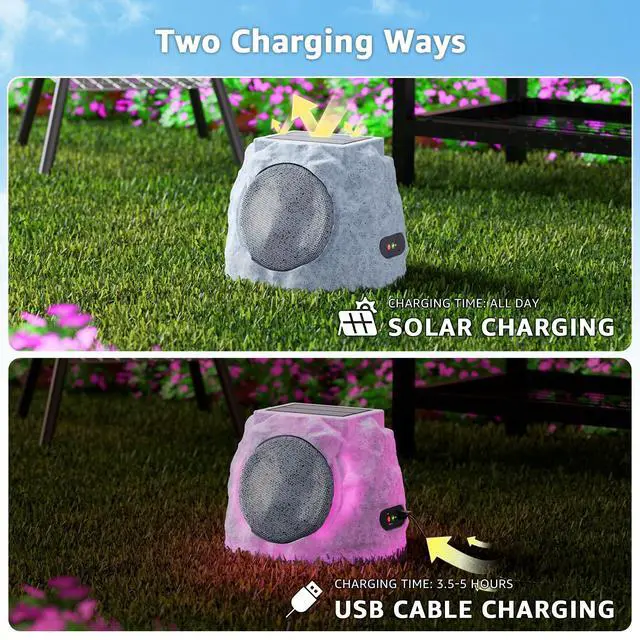 Alt view image 2 of 7 - 2-Pack Rock Speakers Outdoor Water-Resistant IP44, Multi-Sync Up to 100 Speakers, Solar-Powered Rock Speaker with Light for Patio Garden Party Pool Deck Yard Outside