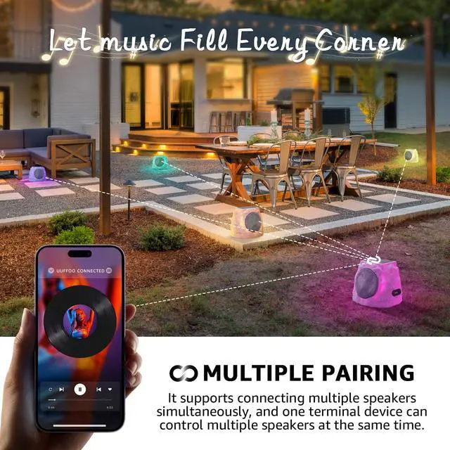 Alt view image 3 of 7 - 2-Pack Rock Speakers Outdoor Water-Resistant IP44, Multi-Sync Up to 100 Speakers, Solar-Powered Rock Speaker with Light for Patio Garden Party Pool Deck Yard Outside